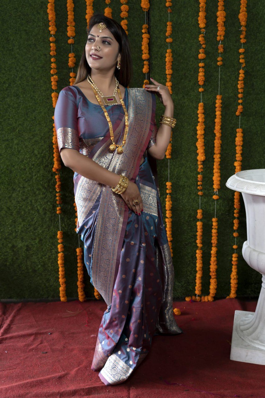 Unequalled Grey Banarasi Silk Saree With Most Traditional Blouse Piece