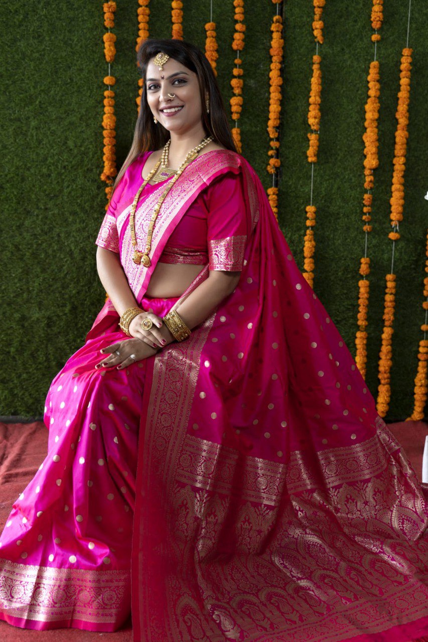 Innovative Pink Banarasi Silk Saree With Most Traditional Blouse Piece