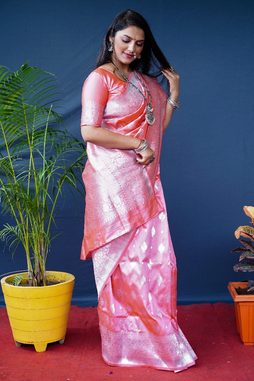 Elaborate Baby Pink Banarasi Silk Saree With Symmetrical Blouse Piece