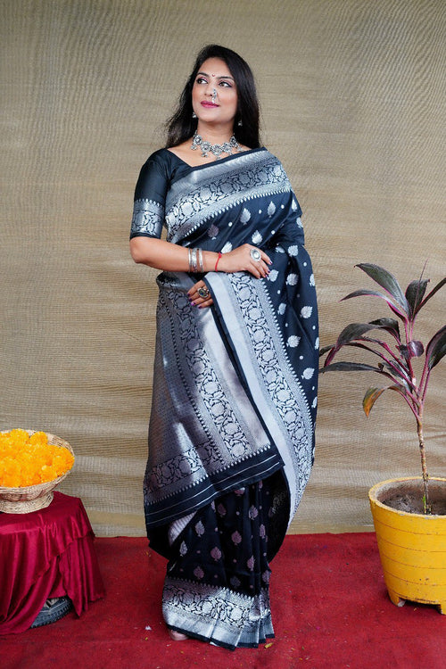 Load image into Gallery viewer, Proficient Black Banarasi Silk Saree With Symmetrical Blouse Piece
