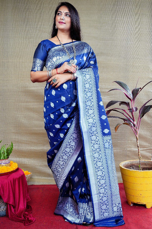 Load image into Gallery viewer, Exuberant Navy Blue Banarasi Silk Saree With Symmetrical Blouse Piece
