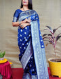 Exuberant Navy Blue Banarasi Silk Saree With Symmetrical Blouse Piece