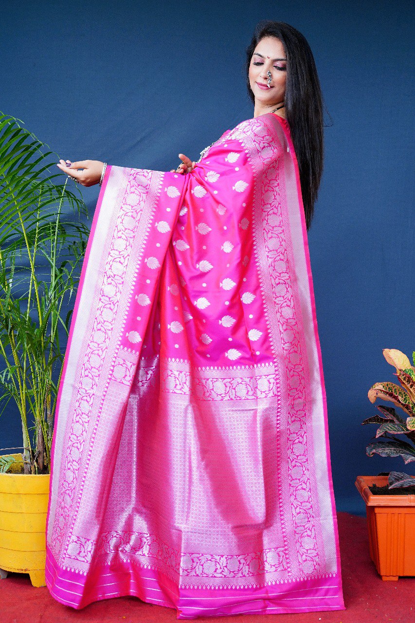Supernal Pink Banarasi Silk Saree With Symmetrical Blouse Piece