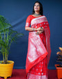 Tremendous Red Banarasi Silk Saree With Symmetrical Blouse Piece