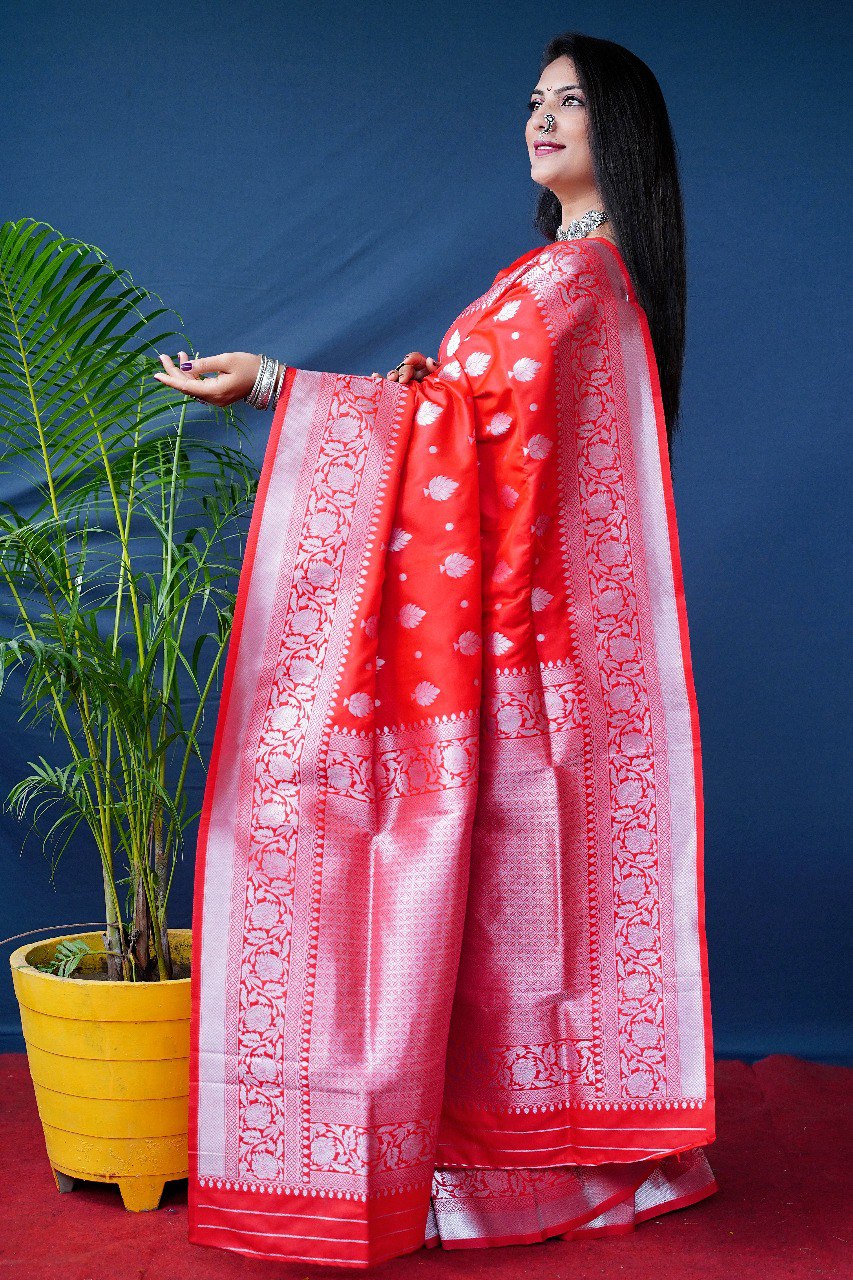Tremendous Red Banarasi Silk Saree With Symmetrical Blouse Piece