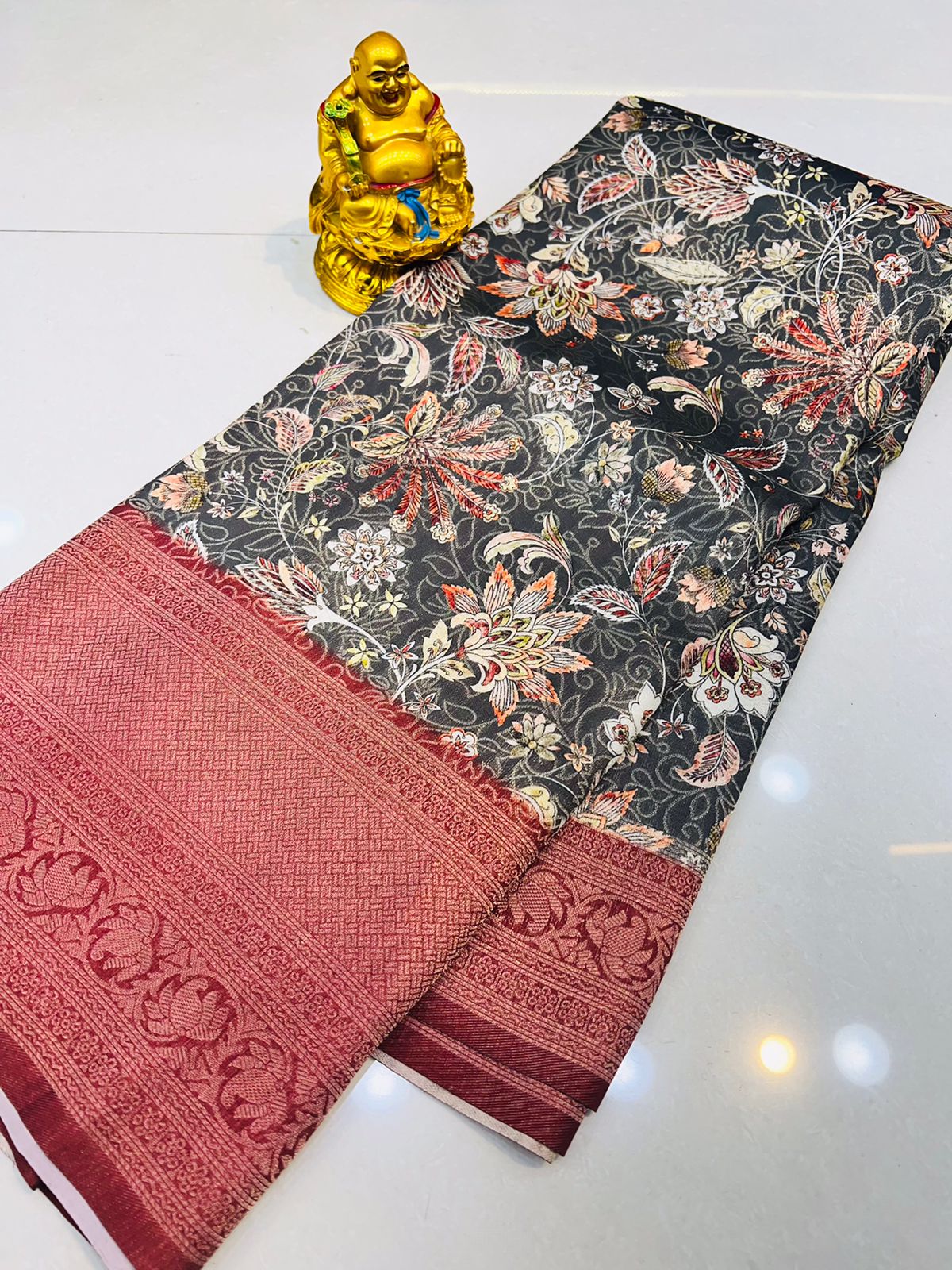 Beautiful Grey Soft Silk Saree With Flameboyant Blouse Piece