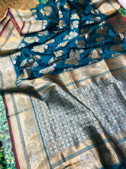 Scrumptious Firozi Kanjivaram Silk With Glittering Blouse Piece