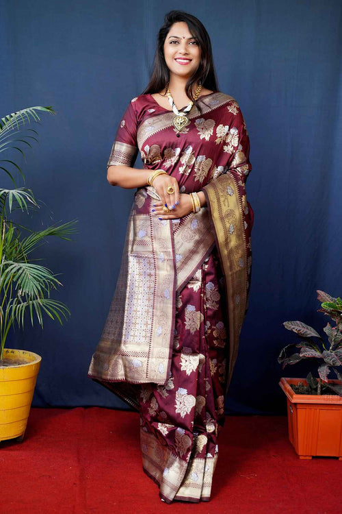 Load image into Gallery viewer, Opulent Wine Kanjivaram Silk Saree With Glittering Blouse Piece
