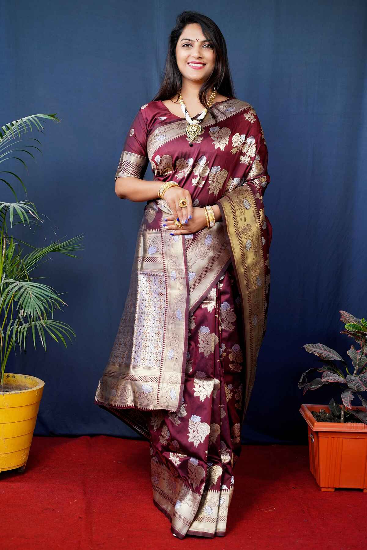 Opulent Wine Kanjivaram Silk Saree With Glittering Blouse Piece