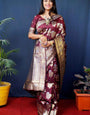 Opulent Wine Kanjivaram Silk Saree With Glittering Blouse Piece