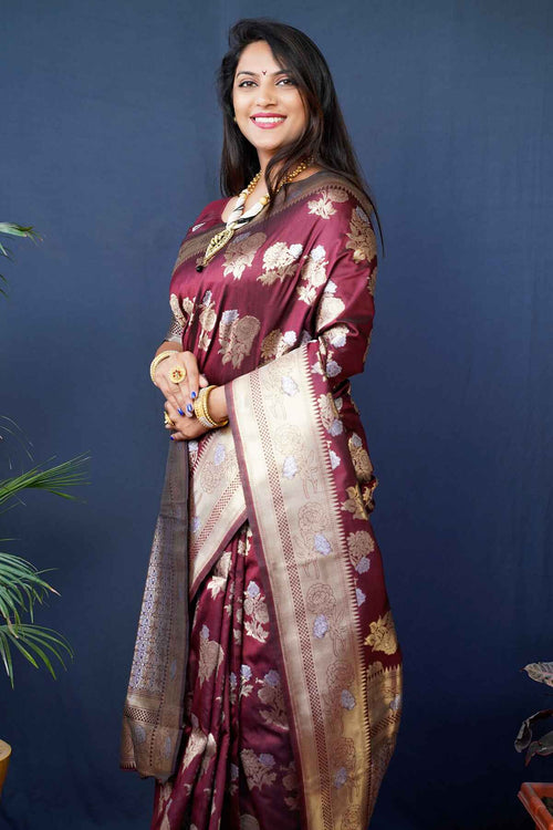 Load image into Gallery viewer, Opulent Wine Kanjivaram Silk Saree With Glittering Blouse Piece
