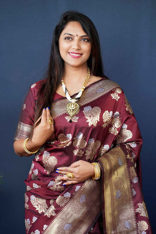 Load image into Gallery viewer, Opulent Wine Kanjivaram Silk Saree With Glittering Blouse Piece
