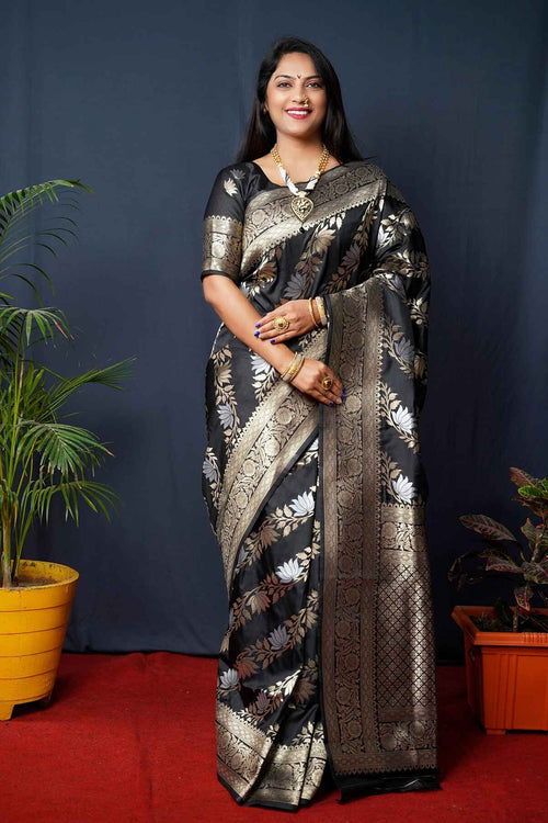 Load image into Gallery viewer, Murmurous Black Kanjivaram Silk With Fairytale Blouse Piece
