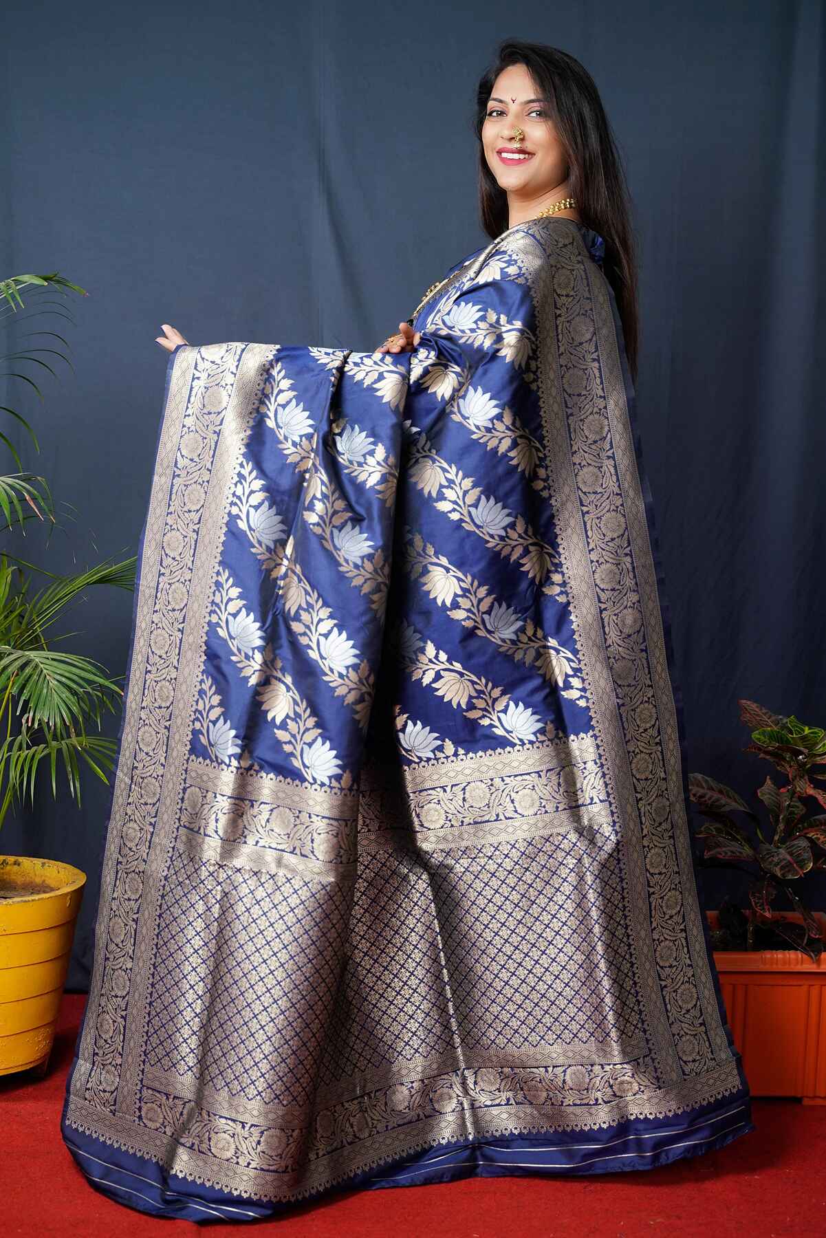 Propinquity Navy Blue Kanjivaram Silk With Fairytale Blouse Piece