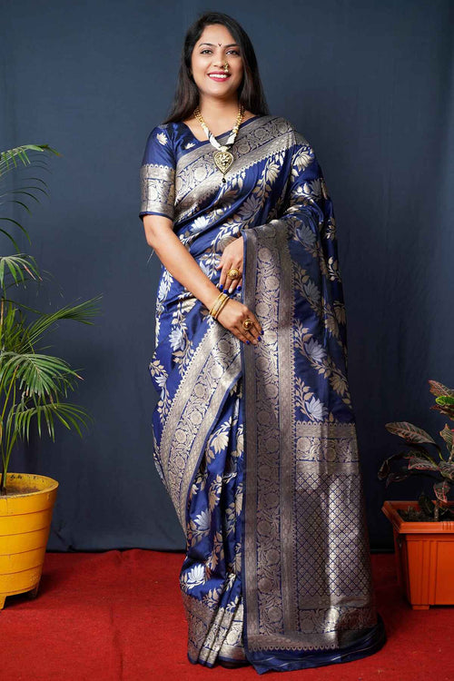 Load image into Gallery viewer, Propinquity Navy Blue Kanjivaram Silk With Fairytale Blouse Piece
