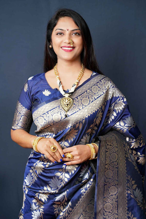 Load image into Gallery viewer, Propinquity Navy Blue Kanjivaram Silk With Fairytale Blouse Piece
