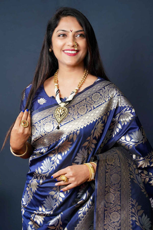 Load image into Gallery viewer, Propinquity Navy Blue Kanjivaram Silk With Fairytale Blouse Piece
