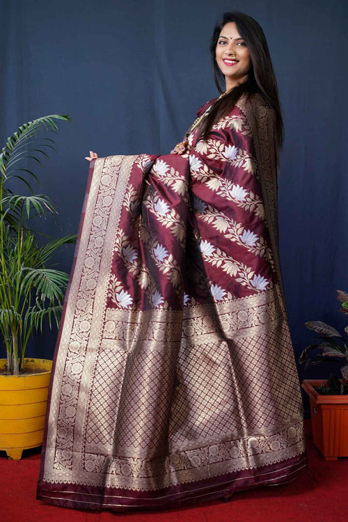 Load image into Gallery viewer, Nemesis Wine Kanjivaram Silk With Fairytale Blouse Piece
