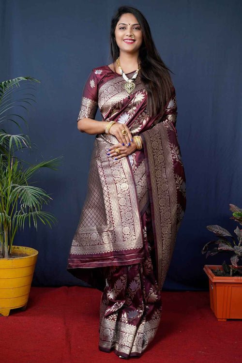 Load image into Gallery viewer, Nemesis Wine Kanjivaram Silk With Fairytale Blouse Piece
