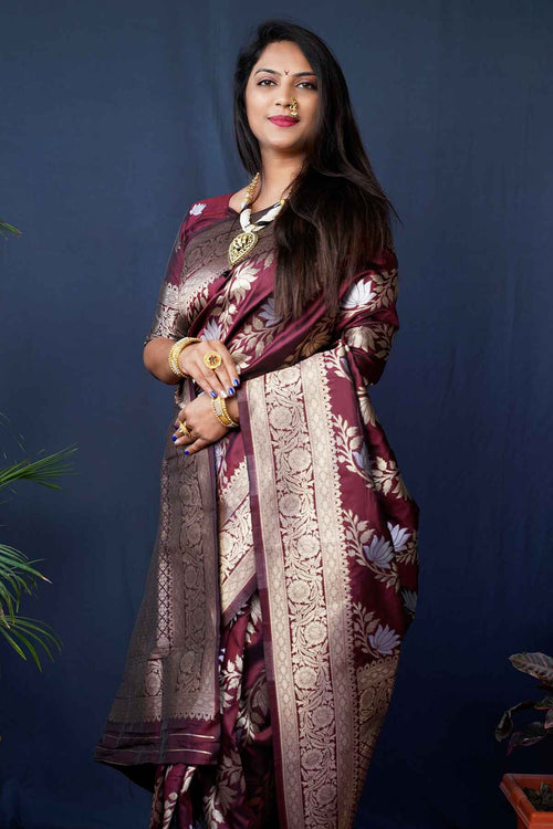 Load image into Gallery viewer, Nemesis Wine Kanjivaram Silk With Fairytale Blouse Piece
