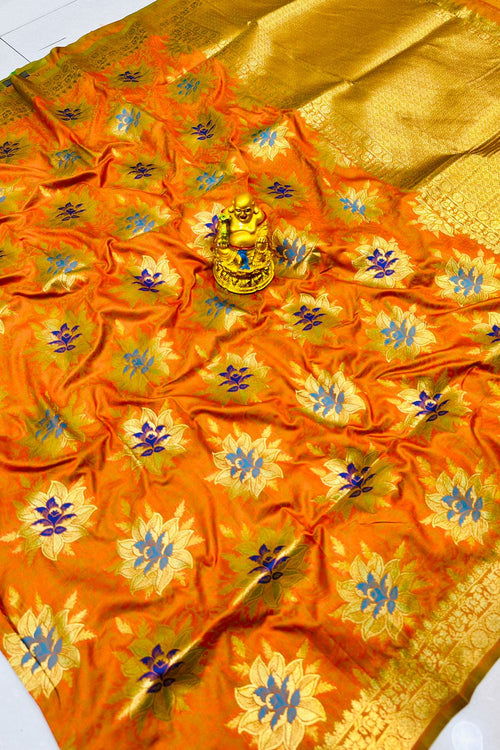 Load image into Gallery viewer, Girlish Orange Banarasi Silk Saree With Comely Blouse Piece
