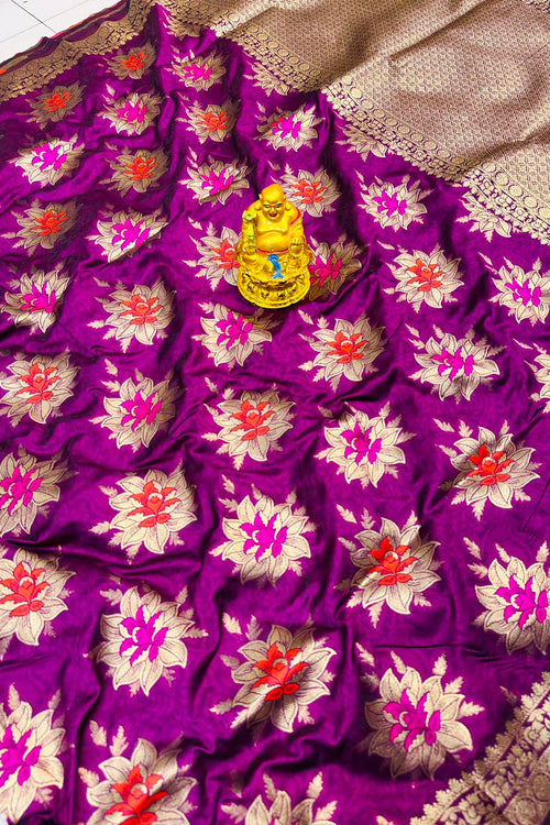 Load image into Gallery viewer, Designer Purple Banarasi Silk Saree With Ailurophile Blouse Piece
