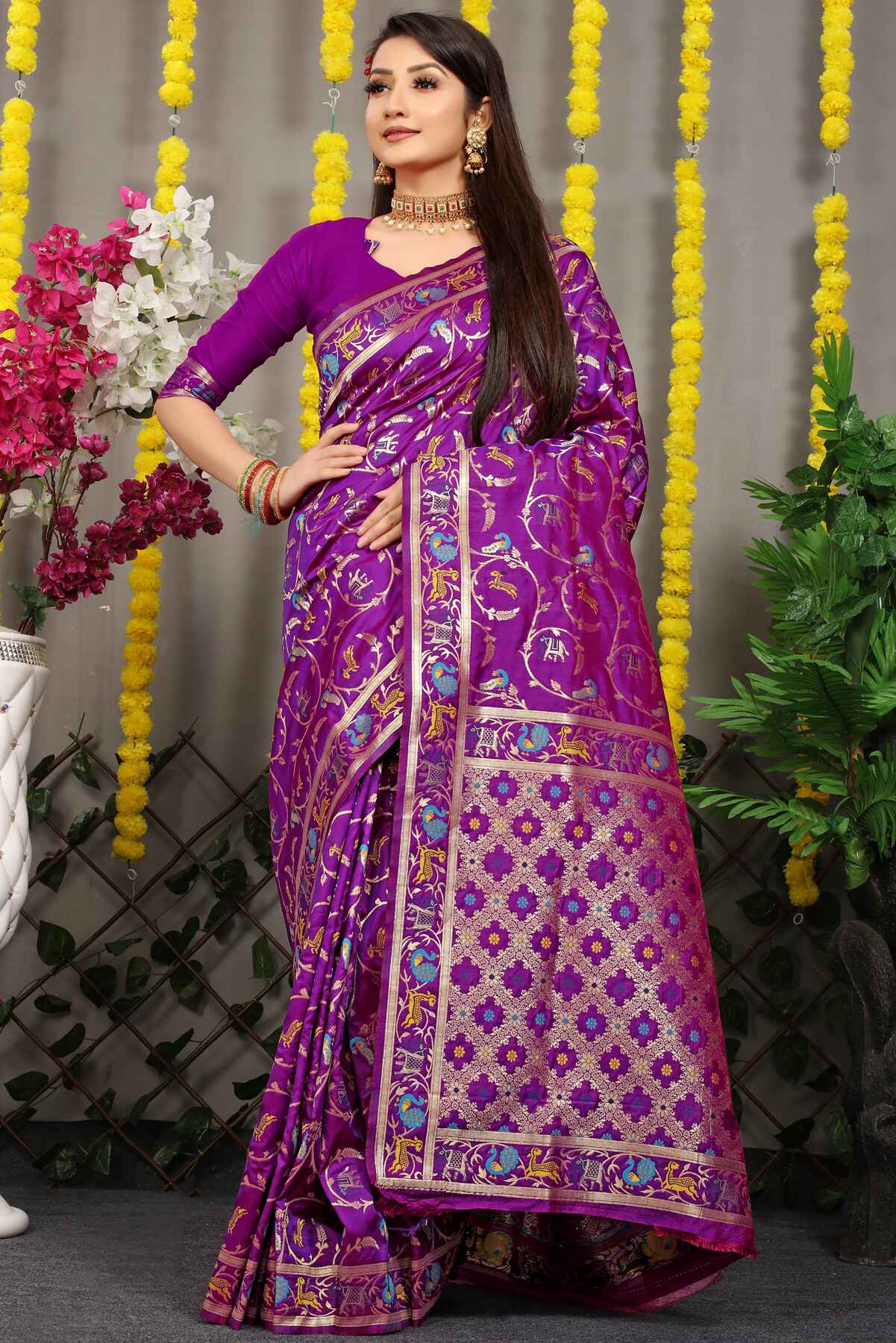 Ratatouille Purple Banarasi Silk Saree With Arresting Blouse Piece