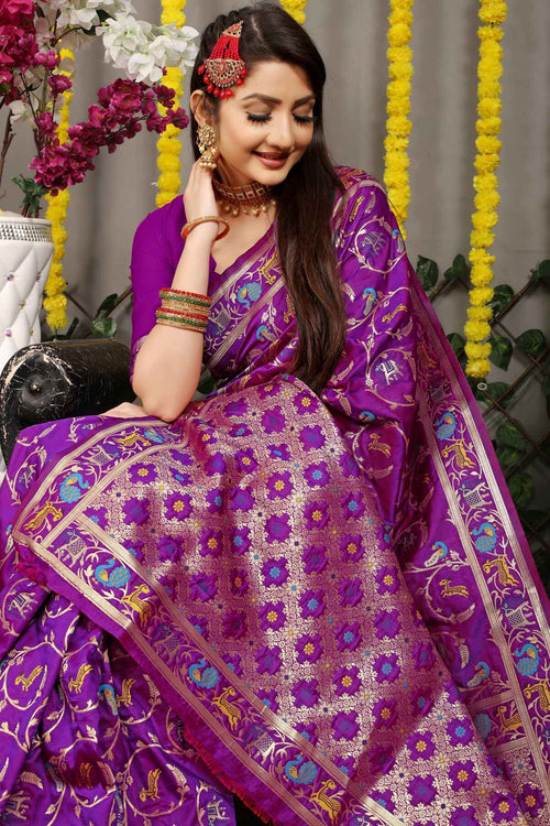 Purple Handloom Pure Katan Silk Banarasi Brocade Saree With Wave Desig –  WeaverStory