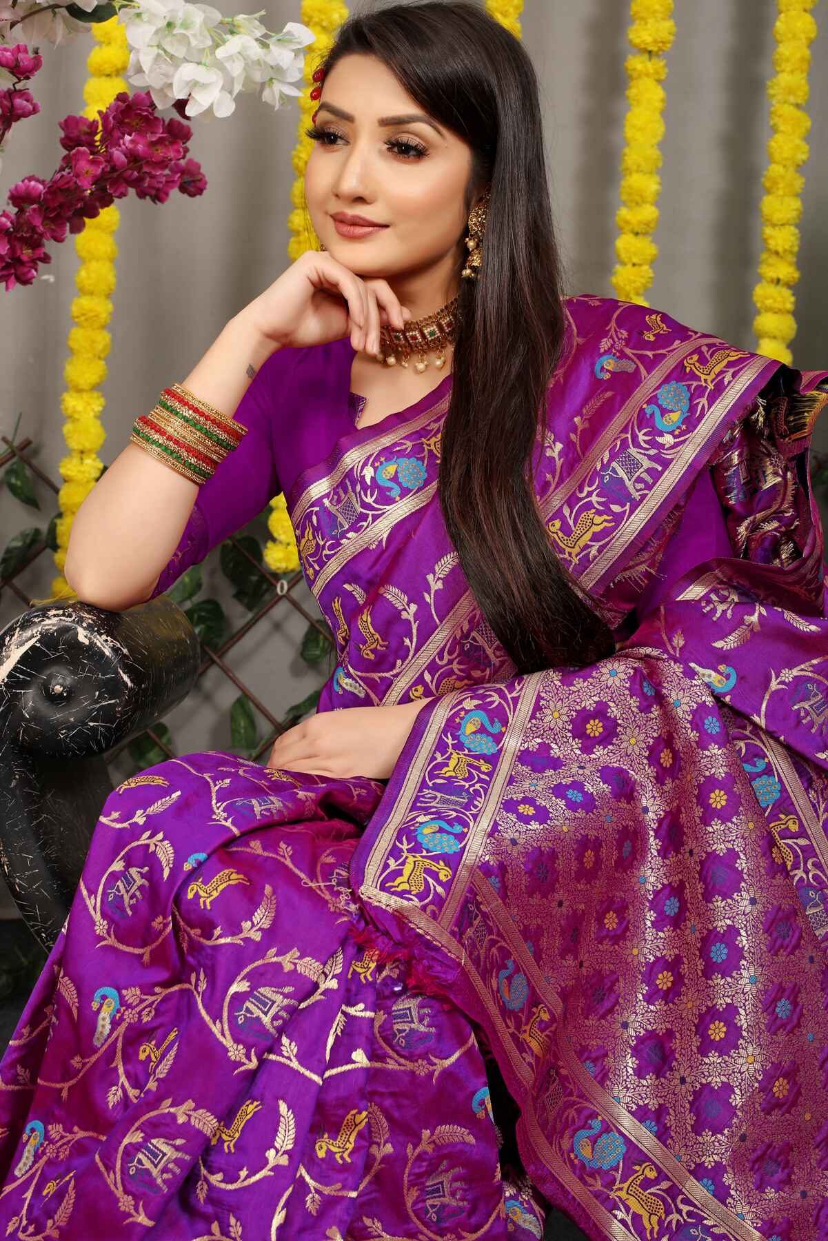 Ratatouille Purple Banarasi Silk Saree With Arresting Blouse Piece