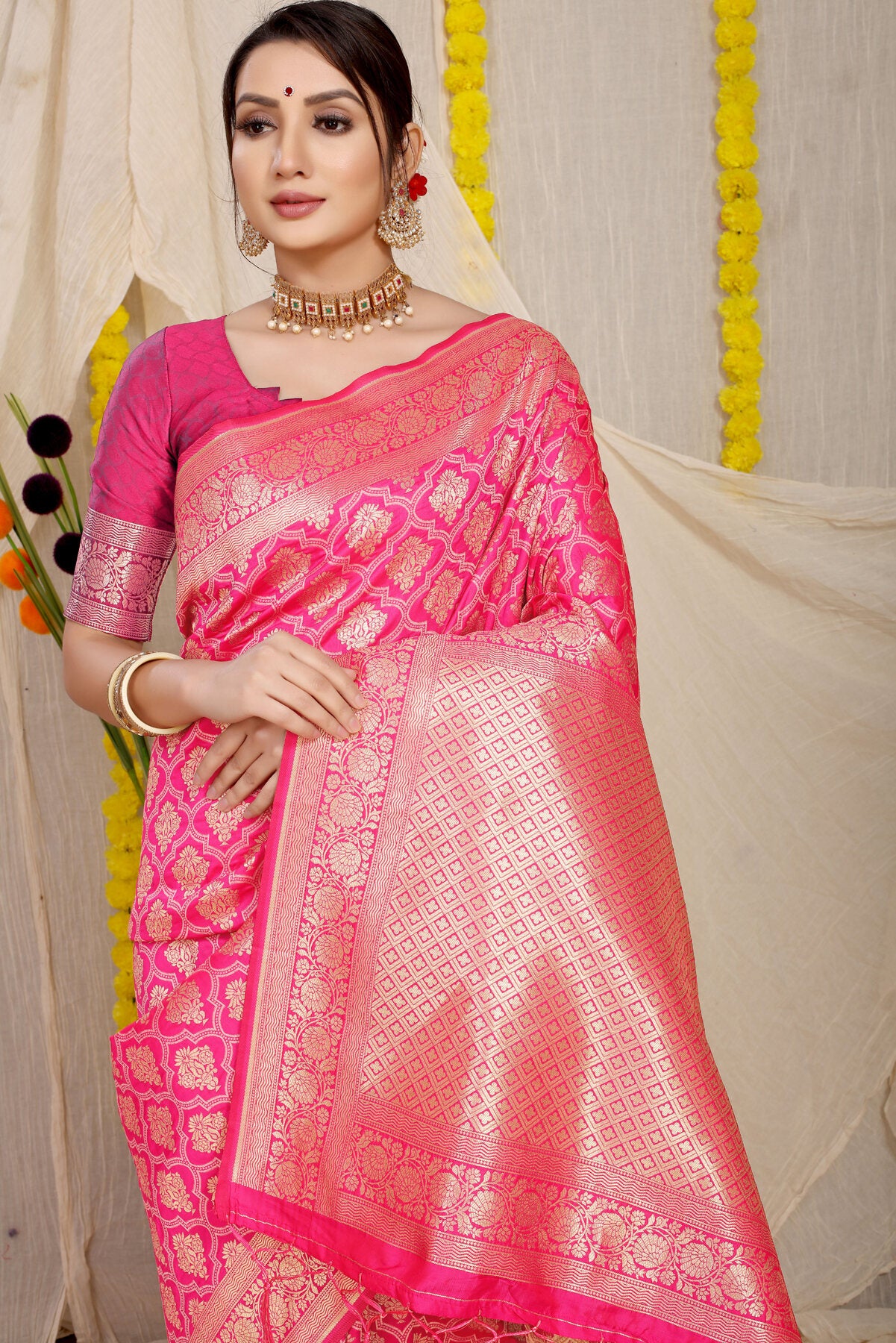 Demure Pink Kanjivaram Silk With Propinquity Blouse Piece