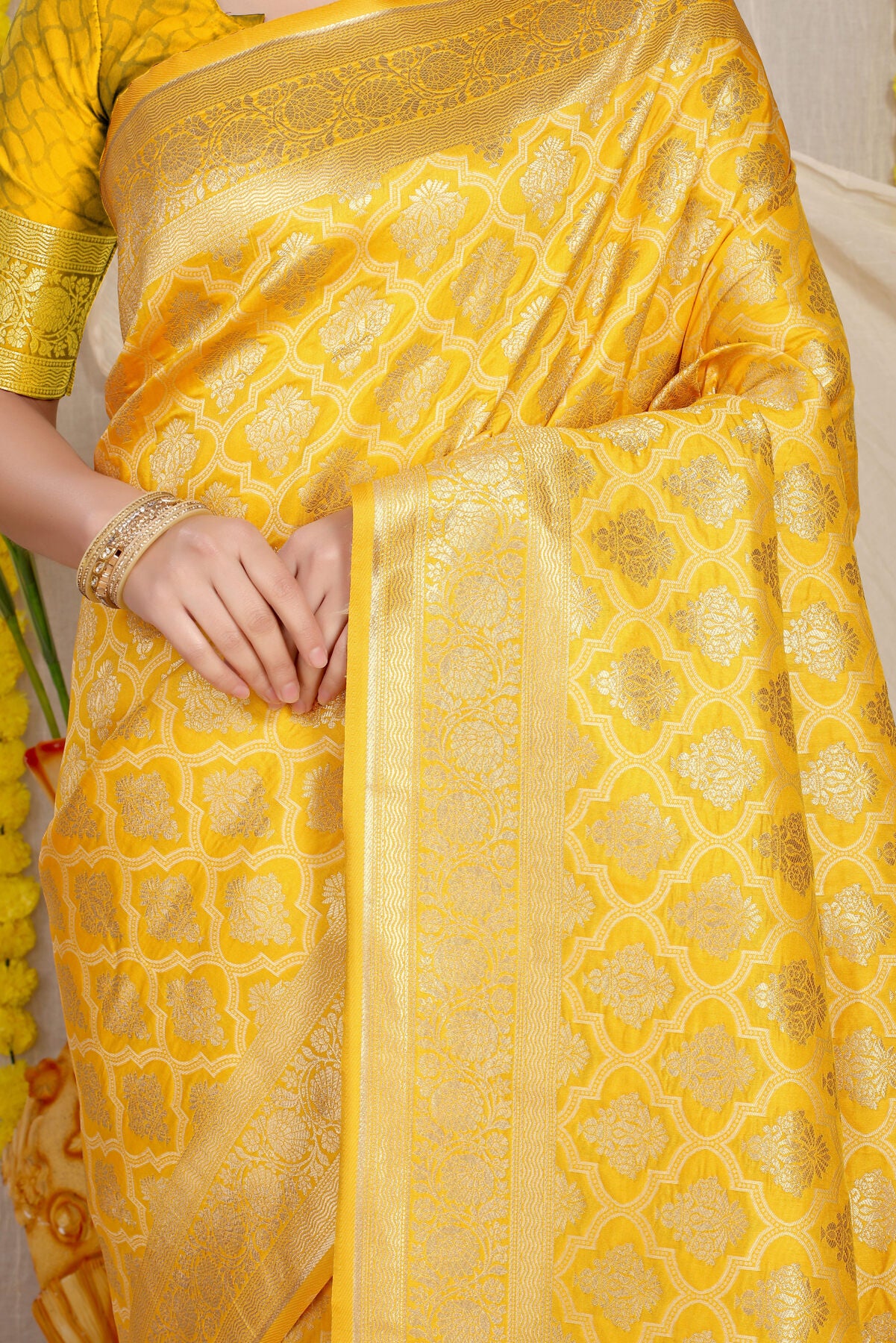 Incredible Yellow Kanjivaram Silk With Demure Blouse Piece