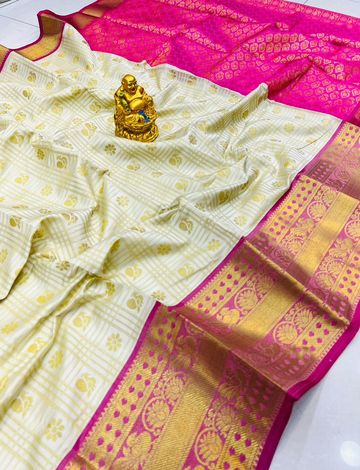 Trendy Beige Soft Banarasi Silk Saree With Elision Blouse Piece