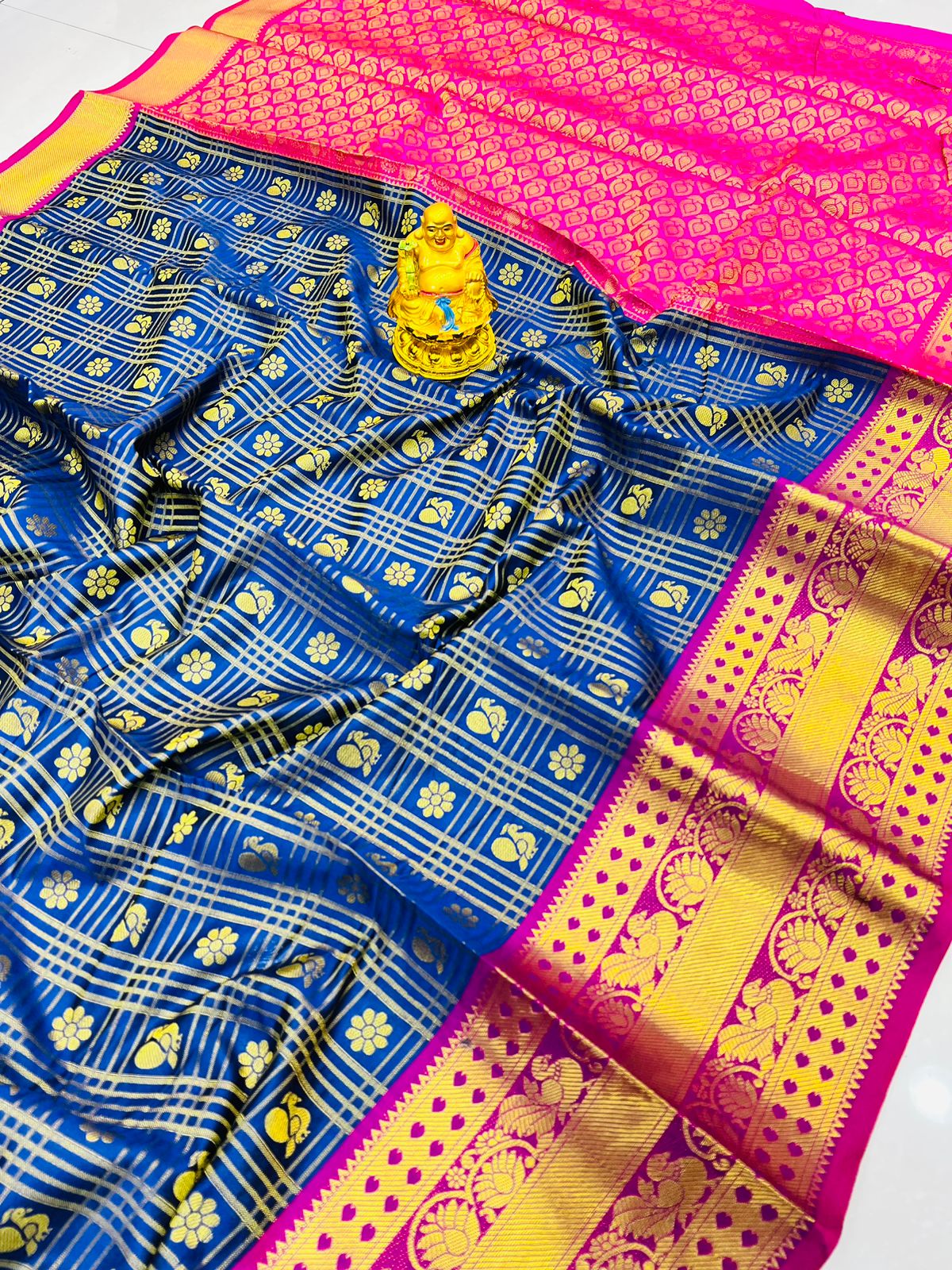 Attractive Navy Blue Soft Banarasi Silk Saree With Elision Blouse Piece
