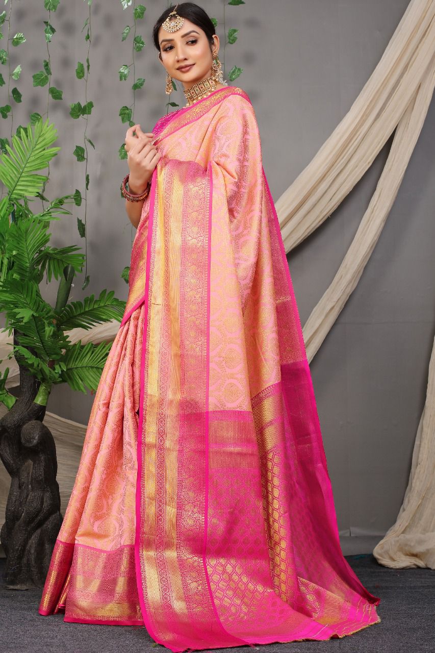 Effervescent Baby Pink Kanjivaram Silk With Marvellous Blouse Piece