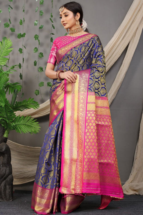 Load image into Gallery viewer, Glittering Navy Blue Kanjivaram Silk With Marvellous Blouse Piece
