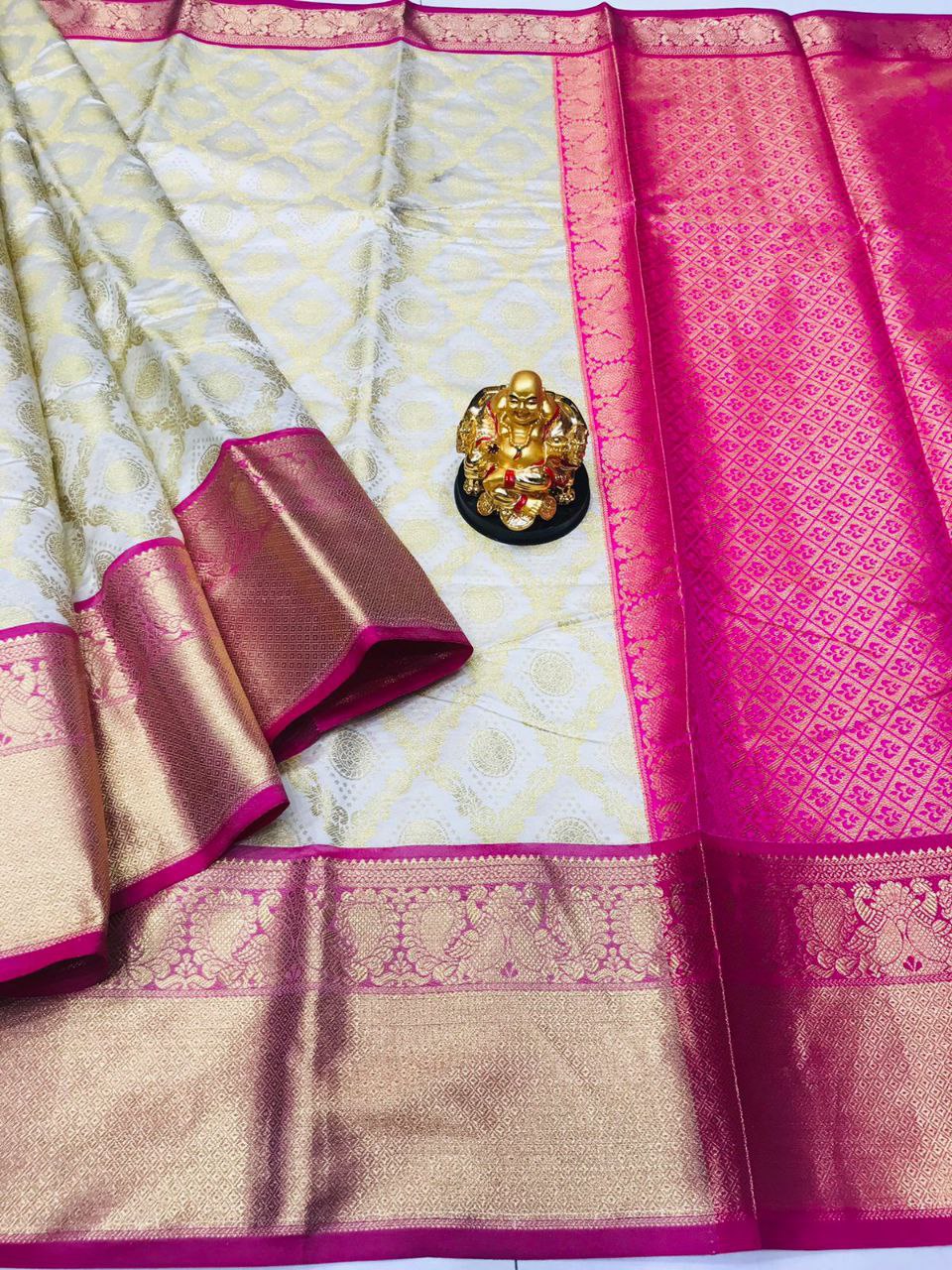 Desuetude Beige Kanjivaram Silk With Beauteous Blouse Piece