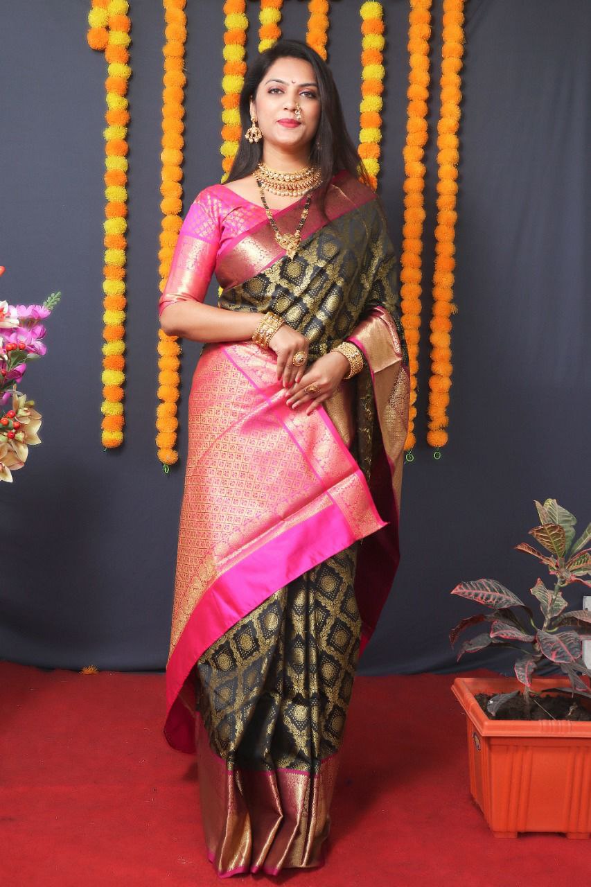 Diaphanous Black Kanjivaram Silk With Beauteous Blouse Piece