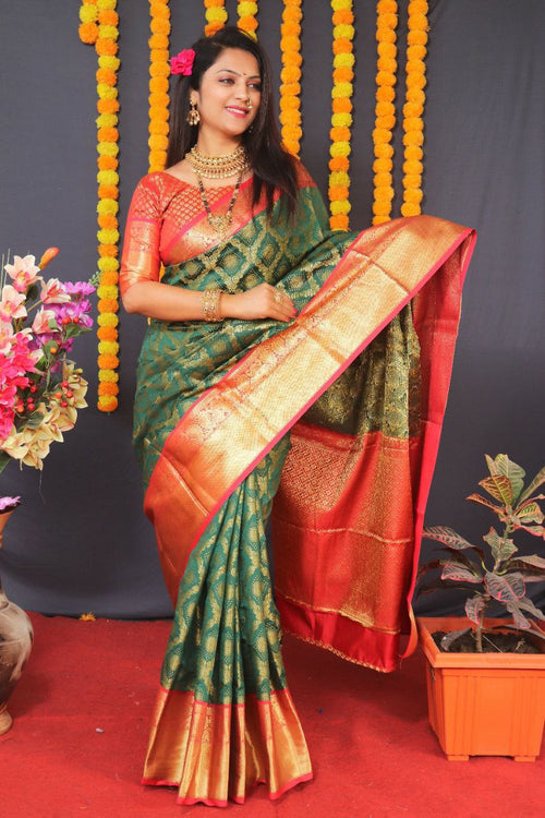 Load image into Gallery viewer, Dissemble Green Kanjivaram Silk With Beauteous Blouse Piece
