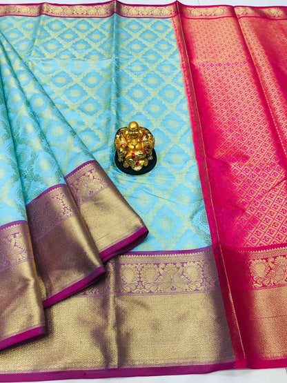 Effervescent Sky Kanjivaram Silk With Beauteous Blouse Piece