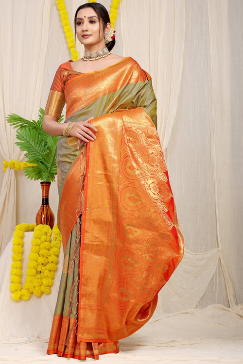 Load image into Gallery viewer, Efflorescence Beige Banarasi Silk Saree With Forbearance Blouse Piece
