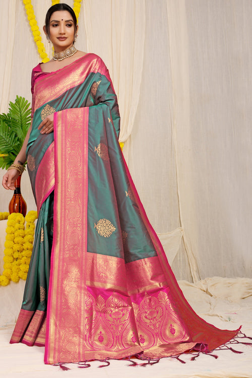 Load image into Gallery viewer, Traditional Grey Banarasi Silk Saree With Forbearance Blouse Piece
