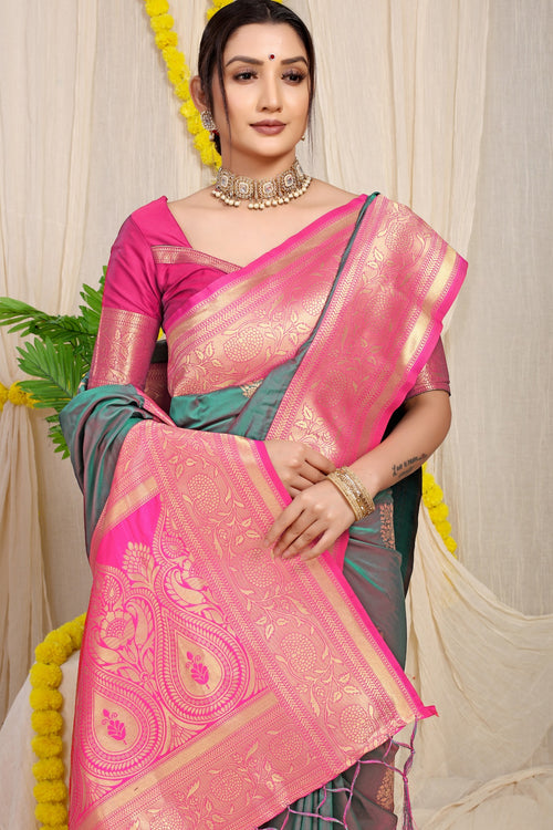 Load image into Gallery viewer, Traditional Grey Banarasi Silk Saree With Forbearance Blouse Piece
