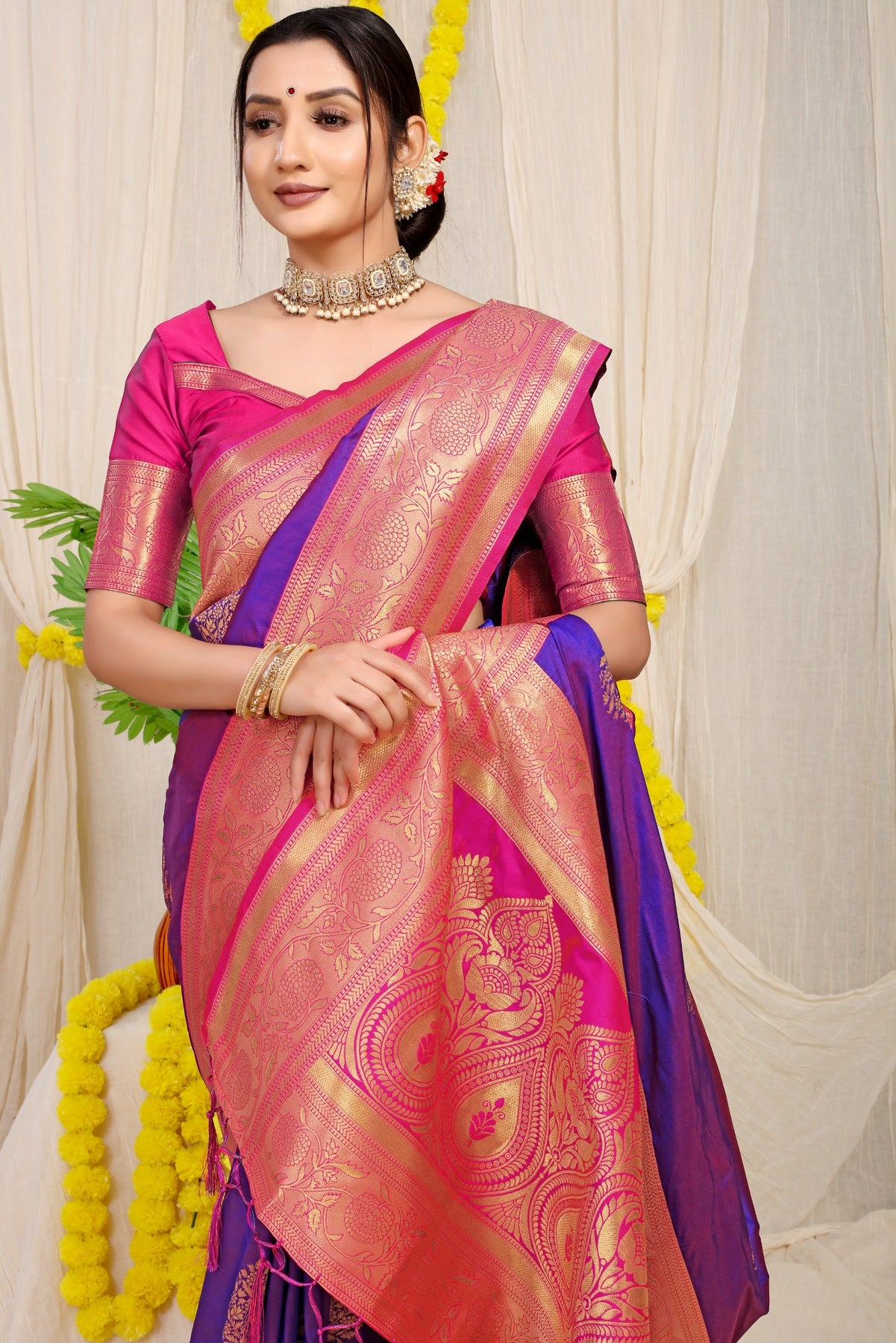 Beautiful Purple Banarasi Silk Saree With Forbearance Blouse Piece