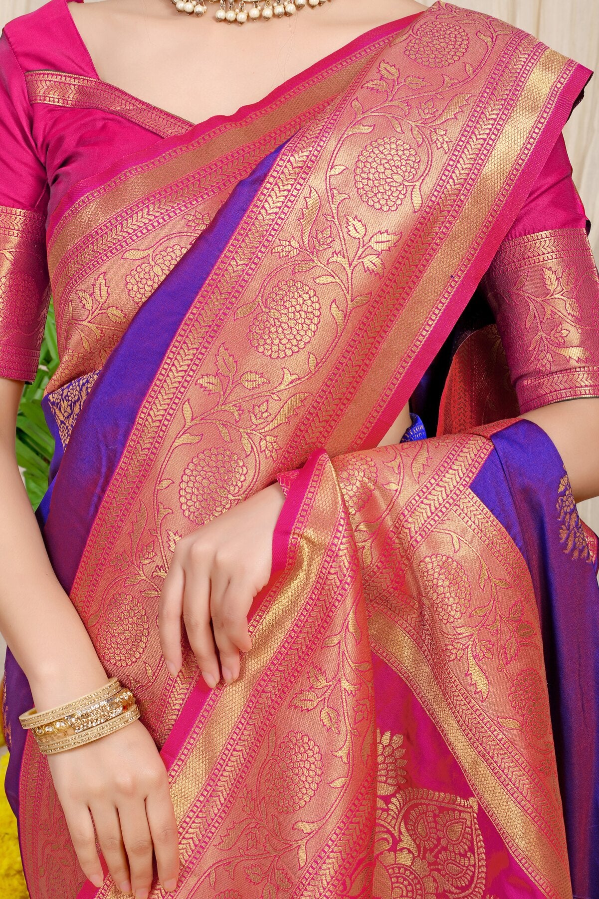 Beautiful Purple Banarasi Silk Saree With Forbearance Blouse Piece