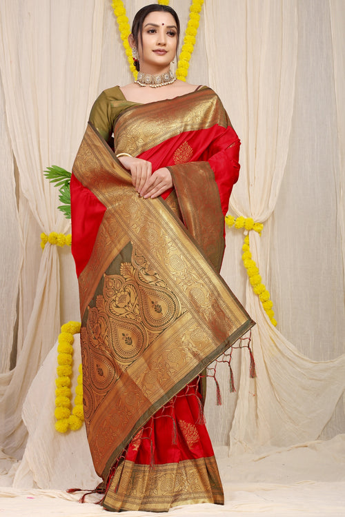 Load image into Gallery viewer, Stylish Red Banarasi Silk Saree With Forbearance Blouse Piece
