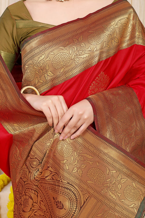 Load image into Gallery viewer, Stylish Red Banarasi Silk Saree With Forbearance Blouse Piece
