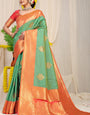 Gleaming Sea Green Banarasi Silk Saree With Forbearance Blouse Piece