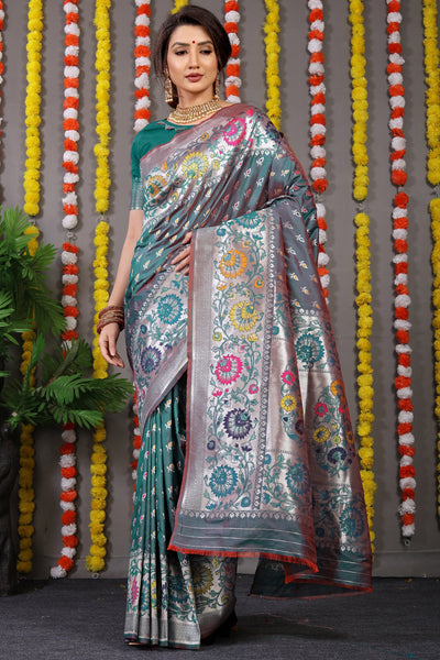 Unique Rama Banarasi Silk Saree With Scintilla Blouse Piece