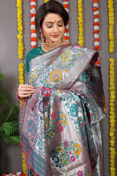 Unique Rama Banarasi Silk Saree With Scintilla Blouse Piece