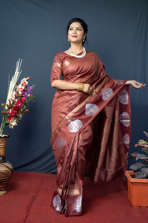 Load image into Gallery viewer, Confounding Brown Linen Silk Saree With Super Mesmerising Blouse Piece
